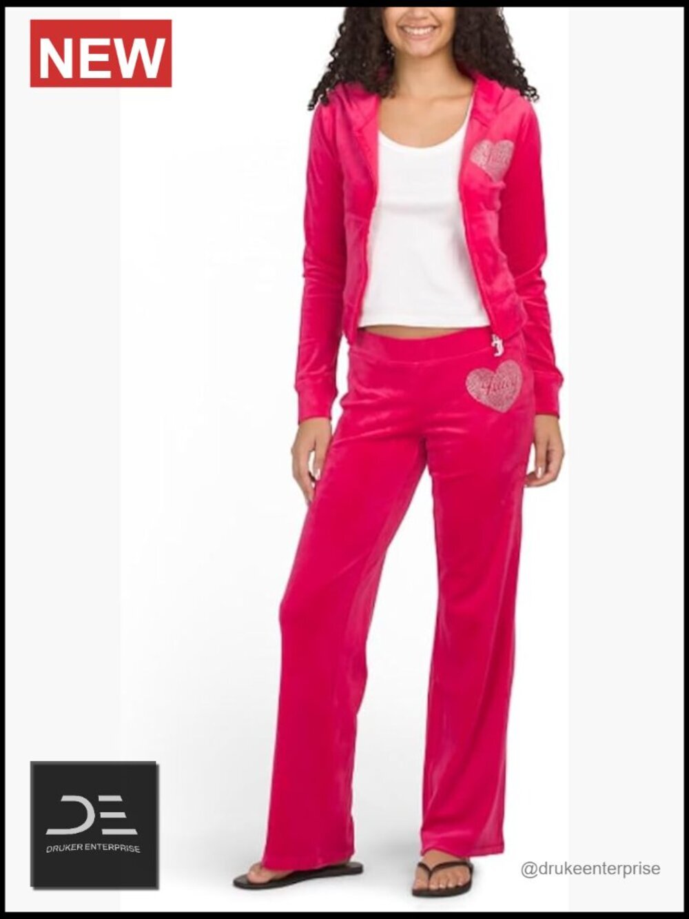 Velour Track Jacket and Pants Set with Rhinestone Hearts